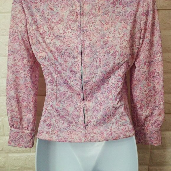 Vintage 60s Handmade Floral Blouse Top S-6 Mockneck LSL Metal Back-Zip Polyester - Picture 11 of 11